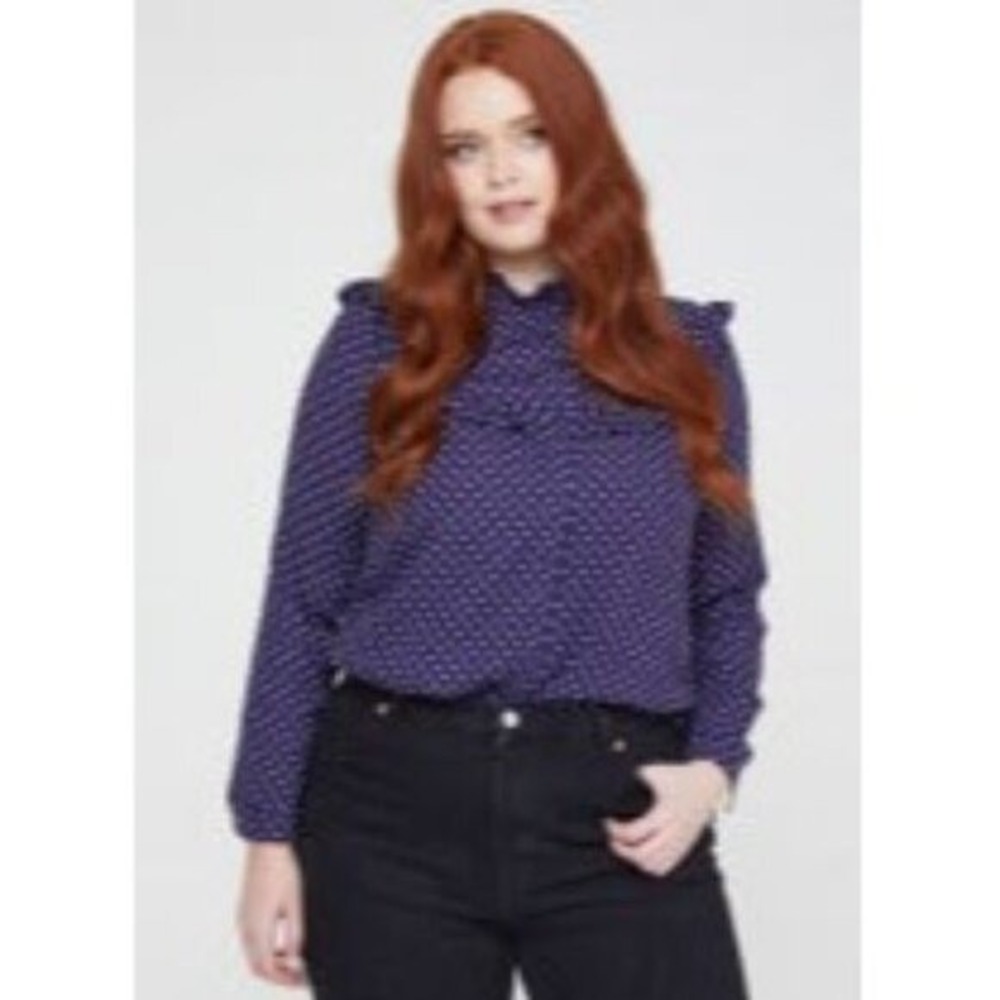 Joanie Violetta Polka Blouse Cottagecore Navy Blue Ruffle Top US 18 NWT
